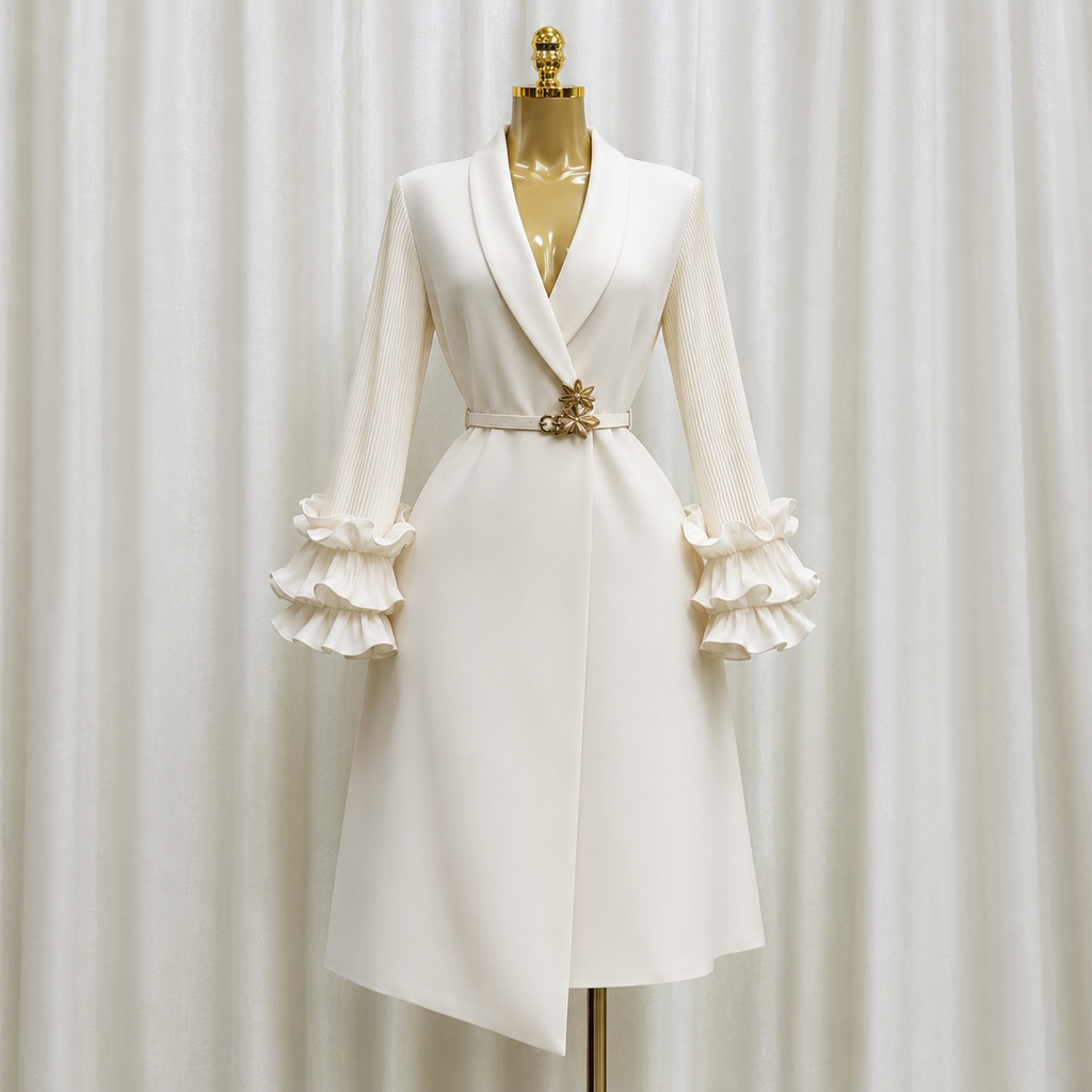 Ivory Ruffle Sleeve Belted Coat Dress