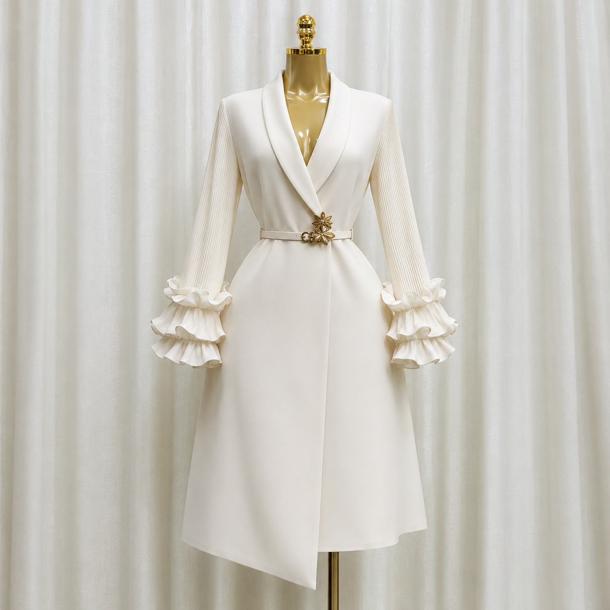 Ivory Ruffle Sleeve Belted Coat Dress