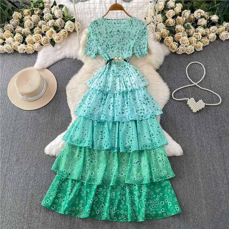 Green Floral Tiered Maxi Dress with belt